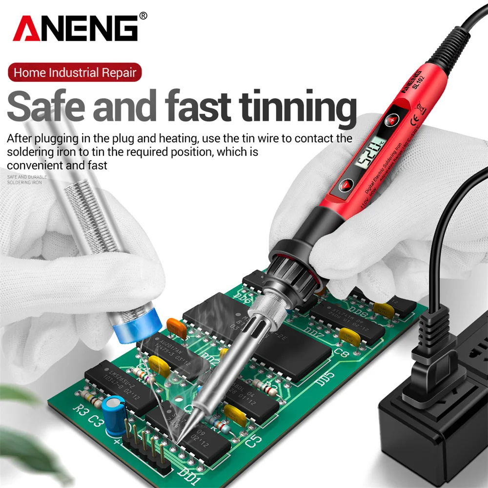 ANENG SL102 60W Digital Soldering Iron Adjustable Temperature 180℃-520℃ LCD Display Electric Welding Iron Kit  110V US Plug