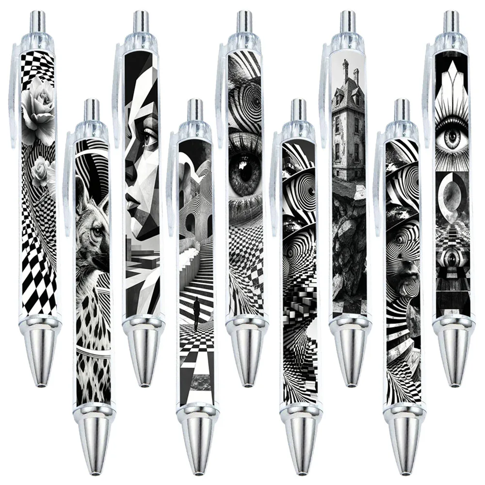 canetas-esferograficas-estilo-arte-surreal-com-ilusao-preto-e-branco-9-17-pecas-material-de-escritorio-educacional-padroes-aleatorios