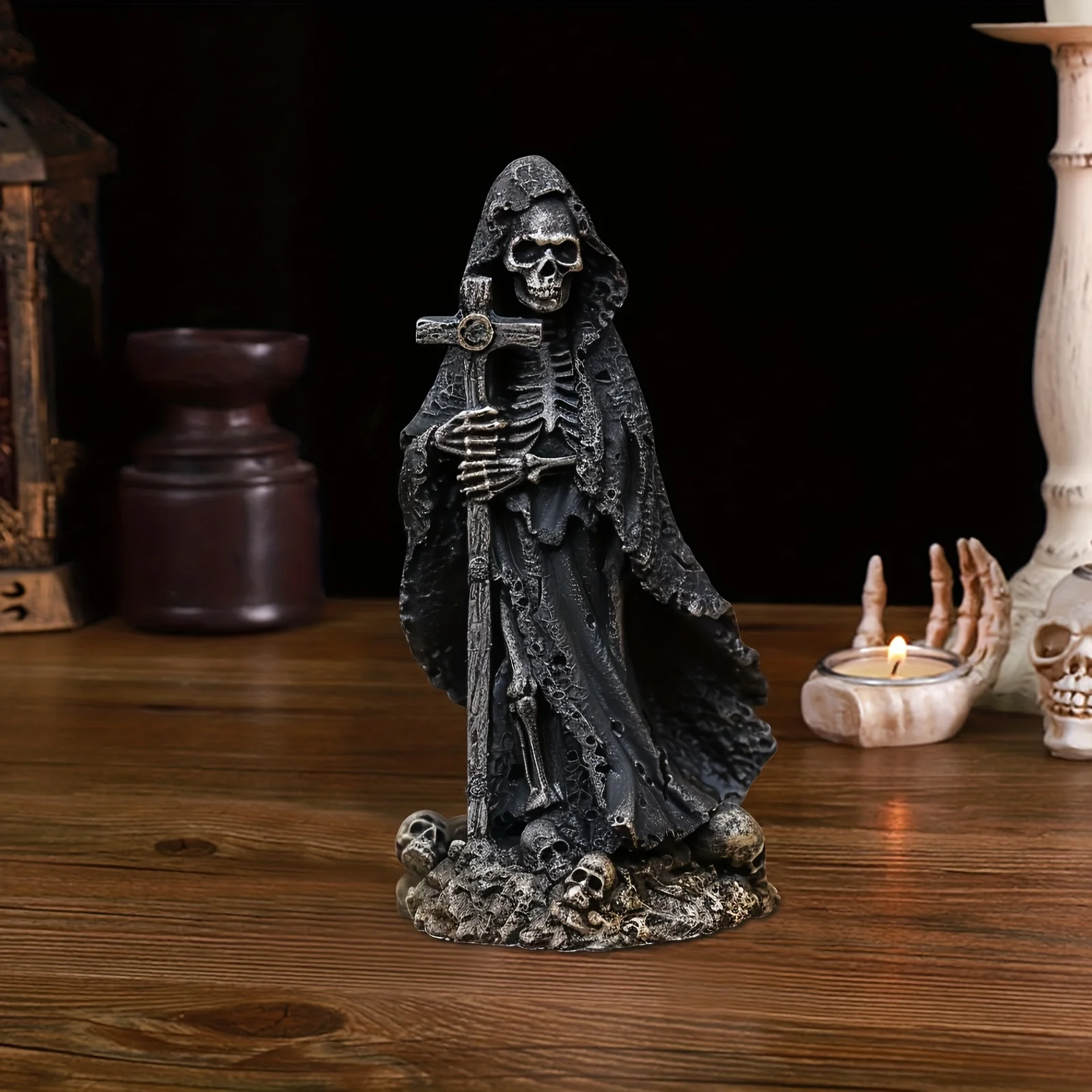 Death Cross Skull Halloween Decorations Spooky Cloak Witch Santa Muerte Rosario Prayer Resin Sculpture