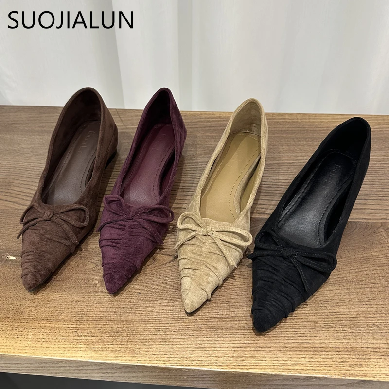 

SUOJIALUN/Новые брендовые женские туфли на плоской подошве, модные плиссированные туфли без шнуровки с острым носком, увеличивающие внутренние модельные туфли-лодочки