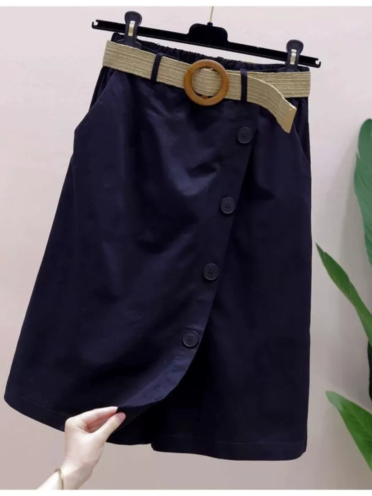 Casual Wide Leg Pants Skirt Women's Fashion Elastic Waist Five-Quarter Length Straight Cut Midi Skirt by Xiangduoruo