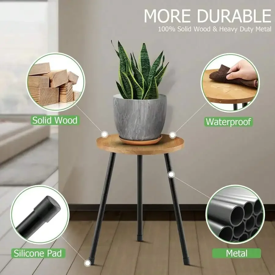 Mid Century Wood Plant Stand Plant Table For Flower Pots, Tall Metal Plant Holder, Modern Home Decor Small Round Side End Table