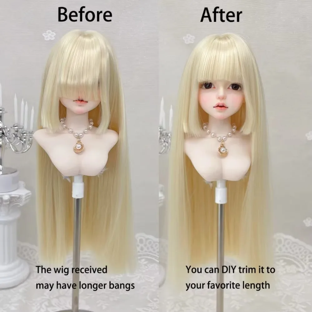 BJD Doll Soft Silk Straight Bangs Hime Cut Wig 2D Doll Can Be Manually Trimmed Modeling Headgear Big Head Doll General Long Hair