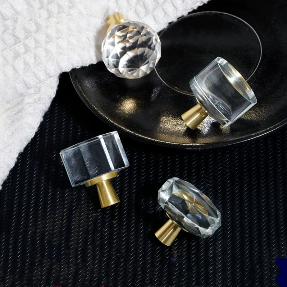Modern Fashion Solid Brass With Glass Crystal Cylindrical Diamond Octagonal Shape Glass Crystal Drawer of Cabinet Cupboard Knob