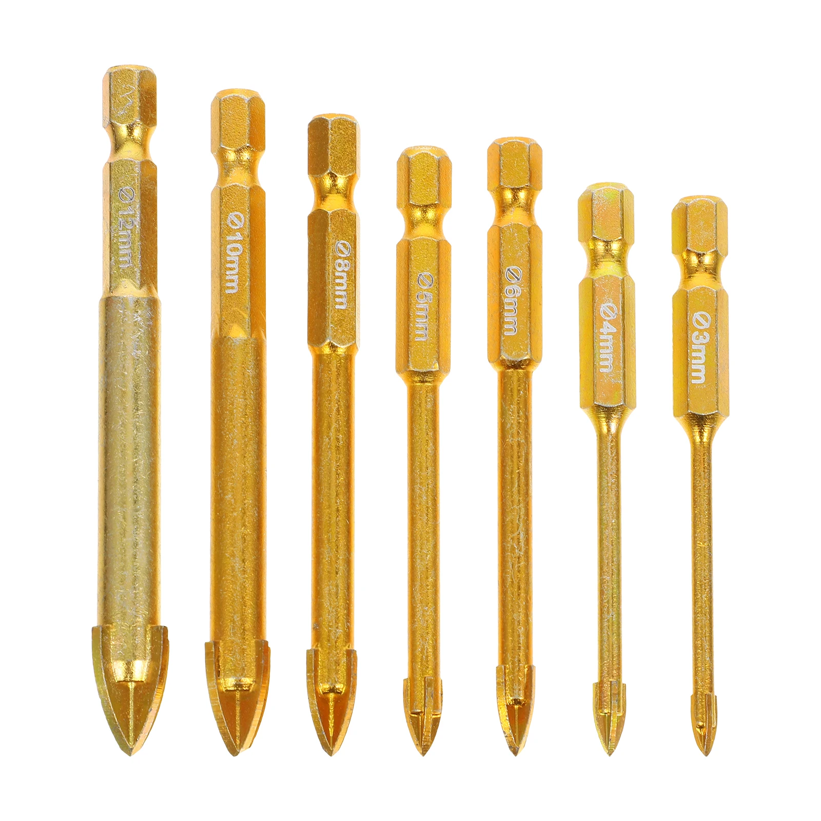 

7 pcs Gold Tile Drill Bits 3/4/5/6/8/10/12mm Carbide Concrete Glass Ceramic Triangle Drilling Hole Maker No Rust Smooth