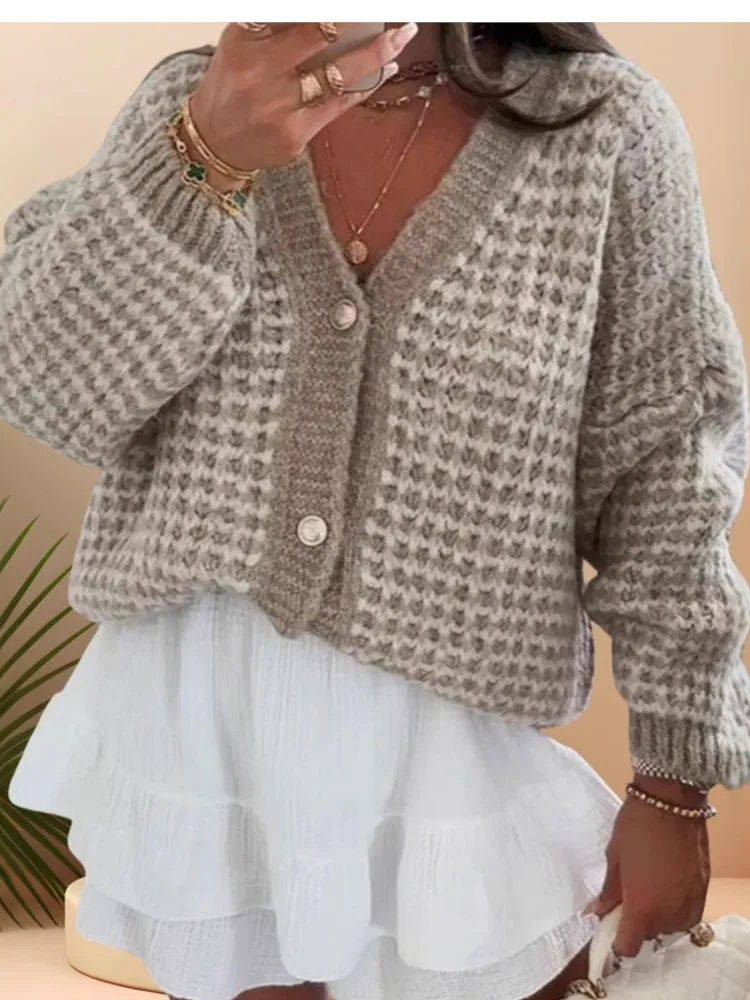Outono e inverno com decote em v cardigan camisola jaqueta feminina elegante solto lã grossa bloco de cor de manga comprida malhas exterior topo