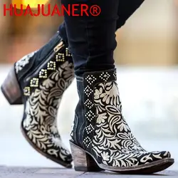 Autumn Winter Ladies Boots Casual Embroidery Zipper Ankle Boots Rivet Western Pointed Toe Low-heel Warm Boots For Ladies Shoes
