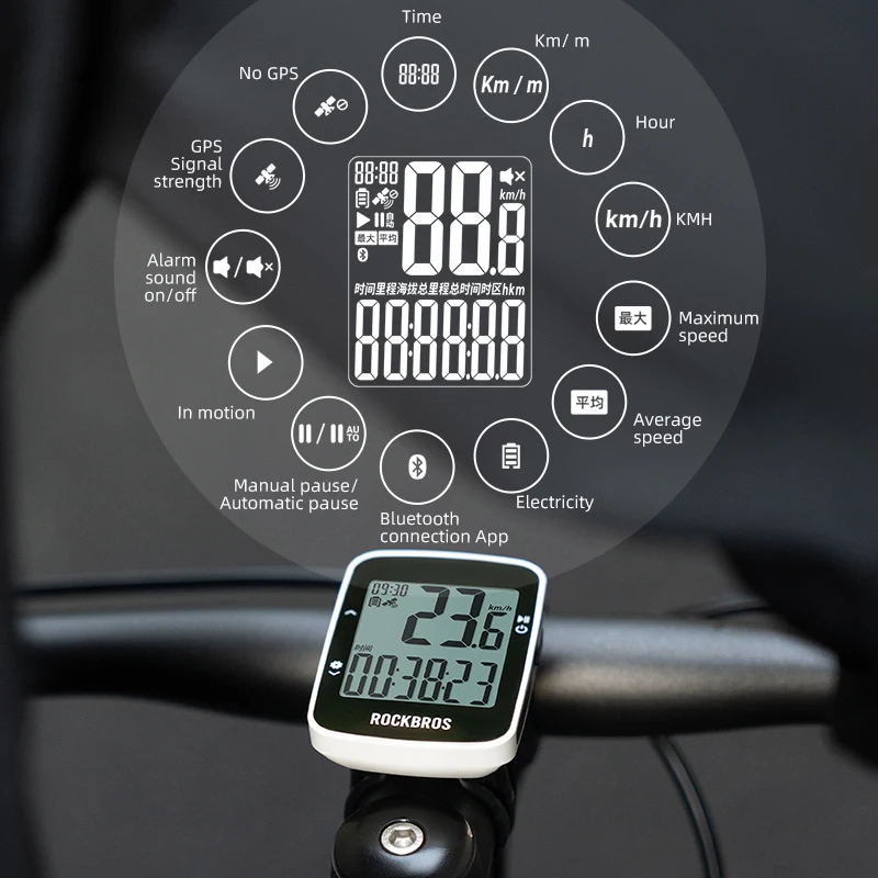 ROCKBROS Bicycle Computer Wireless Bluetooth GPS Digital Stopwatch 2.3 Inches Screen Backlight IPX7 Waterproof MTB Bike Computer