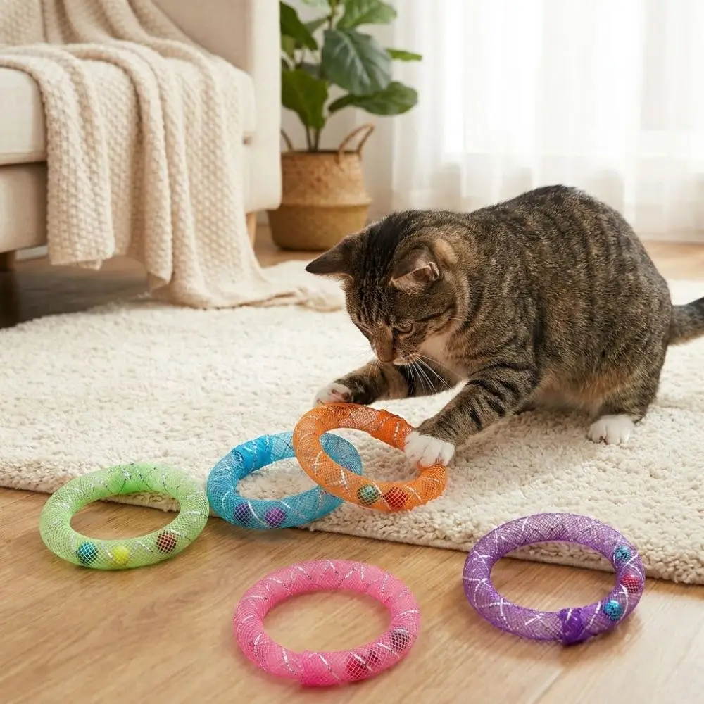 5Pcs Bell Sounds Circle Bell Cat Toy Bouncing Spring Bite Resistant Cat Interactive Grid Tube Colorful Soft Mesh Spring Cat Toy
