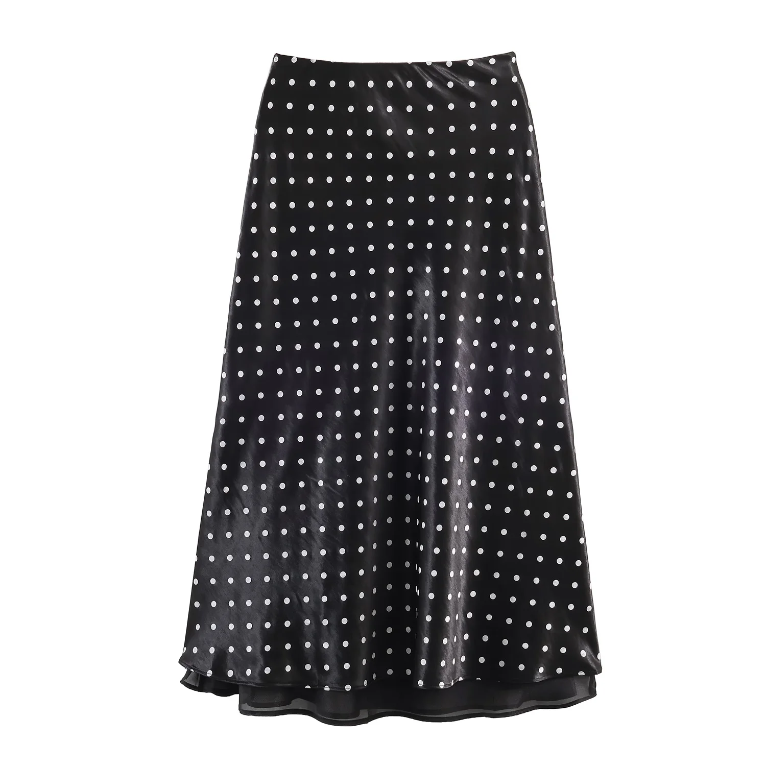 Spring Summer Women Elastic High Waist Polka Dot Bright Satin Skirt with Longer Lining Side Slit Mid Long A-line Skirts Femme