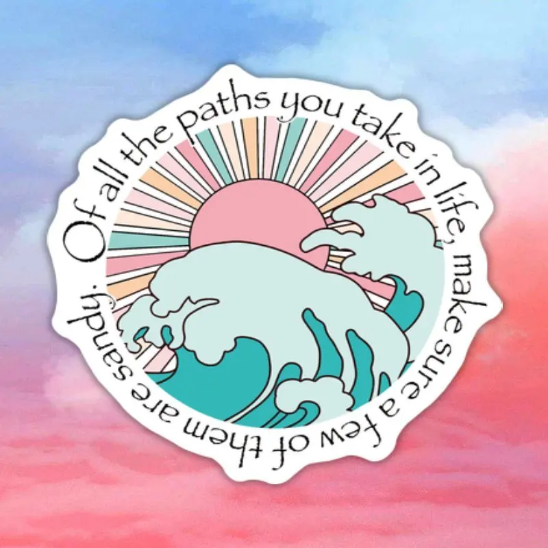 Beach themed stickers with wave and sunrise patterns, suitable for decorating laptops and water bottles