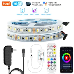 Tuya-Kit complet de bande lumineuse LED, Wifi 5050, RGBW, RGBWW, 4 en 1, DC 12V, 5m, 10m, décoration d'intérieur, 24 touches, télécommande, application vocale pour Alexa, Google