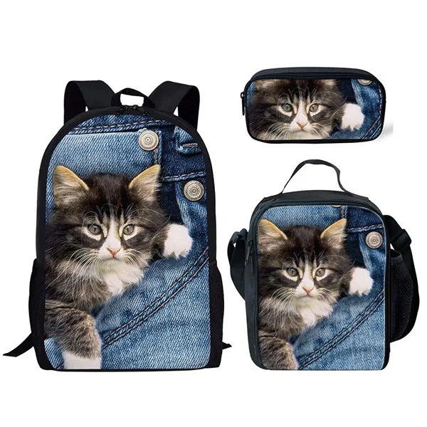 Tas sekolah motif hewan kucing saku 3 buah/set tas buku siswa sekolah tas makan siang anak-anak tempat pensil lucu untuk remaja perempuan laki-laki