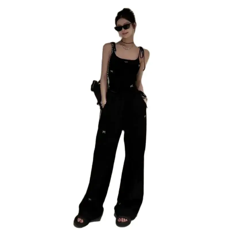Two-Piece Suit 2024 Summer New High Street Bow Embroidery Loose Casual Cargo Pants Women + Backless Lace Up Sexy Black Camisole