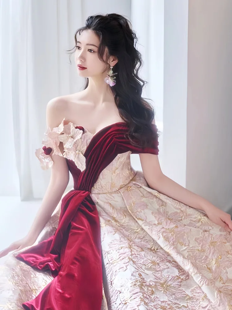 L-4XL Grote maat onregelmatige schuine hals vetersluiting avondjurk Franse verlovingsmeisjes feest hoge taille super lange prinsessenjurken