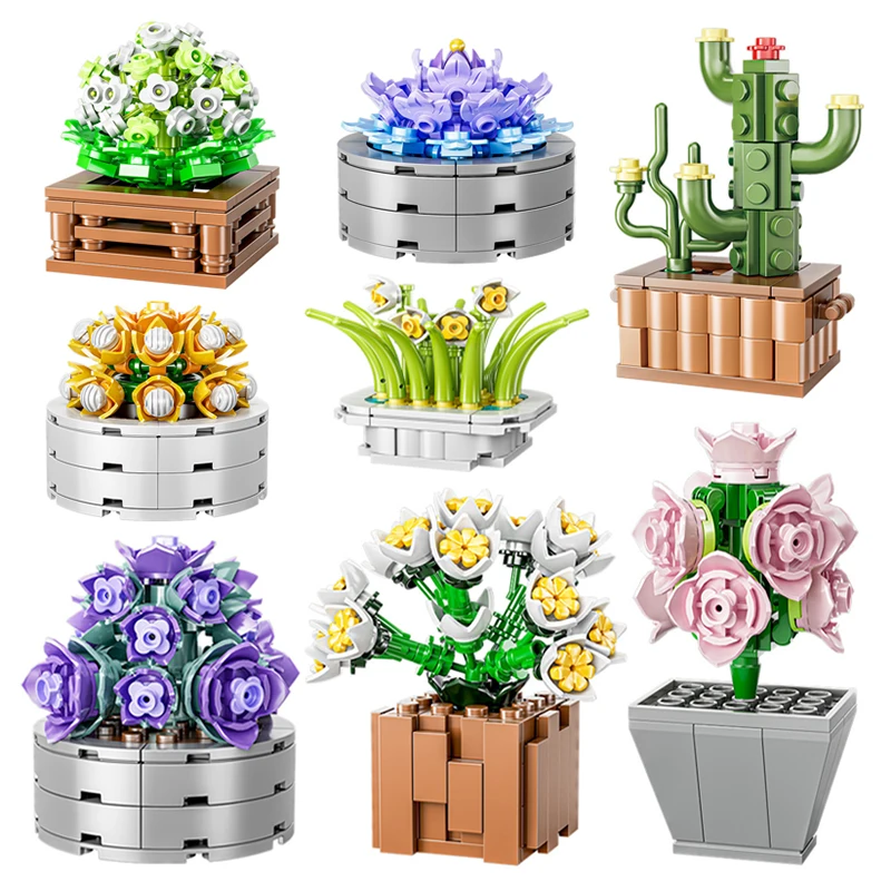 Mini Potted Building Blocks Plants Succulent Bonsai Flowers Home Decoration Children's Educational Assembly Toys Holiday Gifts