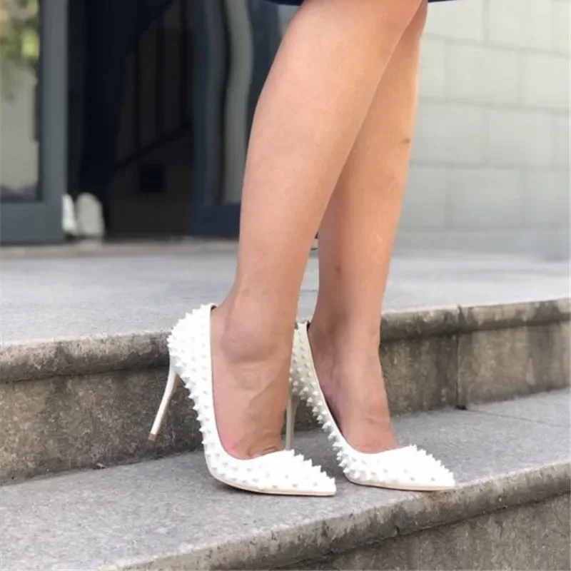 WEDDING Women Pumps PU 12CM Stiletto 2022 New Fashionable White Rivet Pointed Shallow Mouth Willow Ding Shoes Woman Shoe