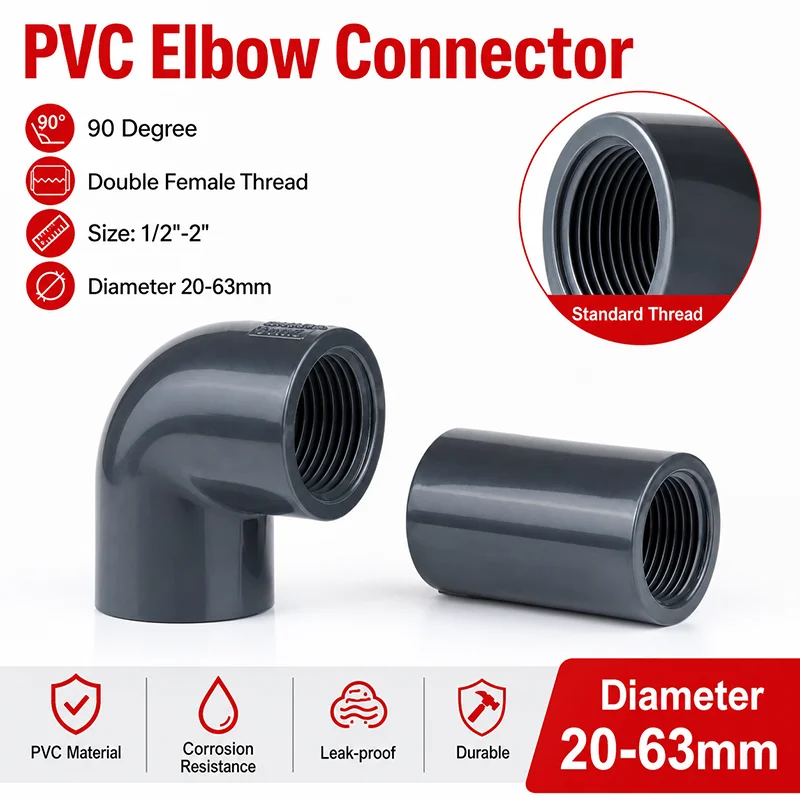 

1/2" 3/4" 1" 1-1/4" 1-1/2" 2" BSP Double Female Thread 20/25/32/40/50/63mm 90 Degree Elbow Connector Dark Grey PVC Pipe Fitting