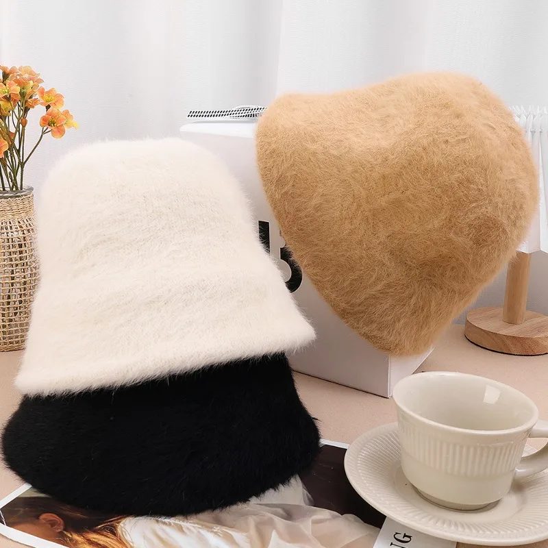 New Rabbit Wool Cute Bucket Hat Winter Plush Fisherman Hats Girl Warm White Black Solid Color Caps for Women Autumn Cold-proof