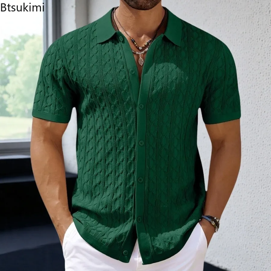 

2025 Men's Light Luxury Button-up Leisure Knitted Polo Shirts Summer Popular Retro Solid Short Sleeve Knit Jacquard Shirts Male