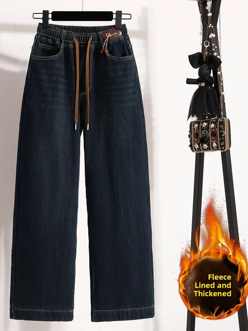 

Женские зимние повседневные джинсы с широкими штанинами и прямым кроем, облегающие, на флисовой подкладке, универсальные, с заниженной талией