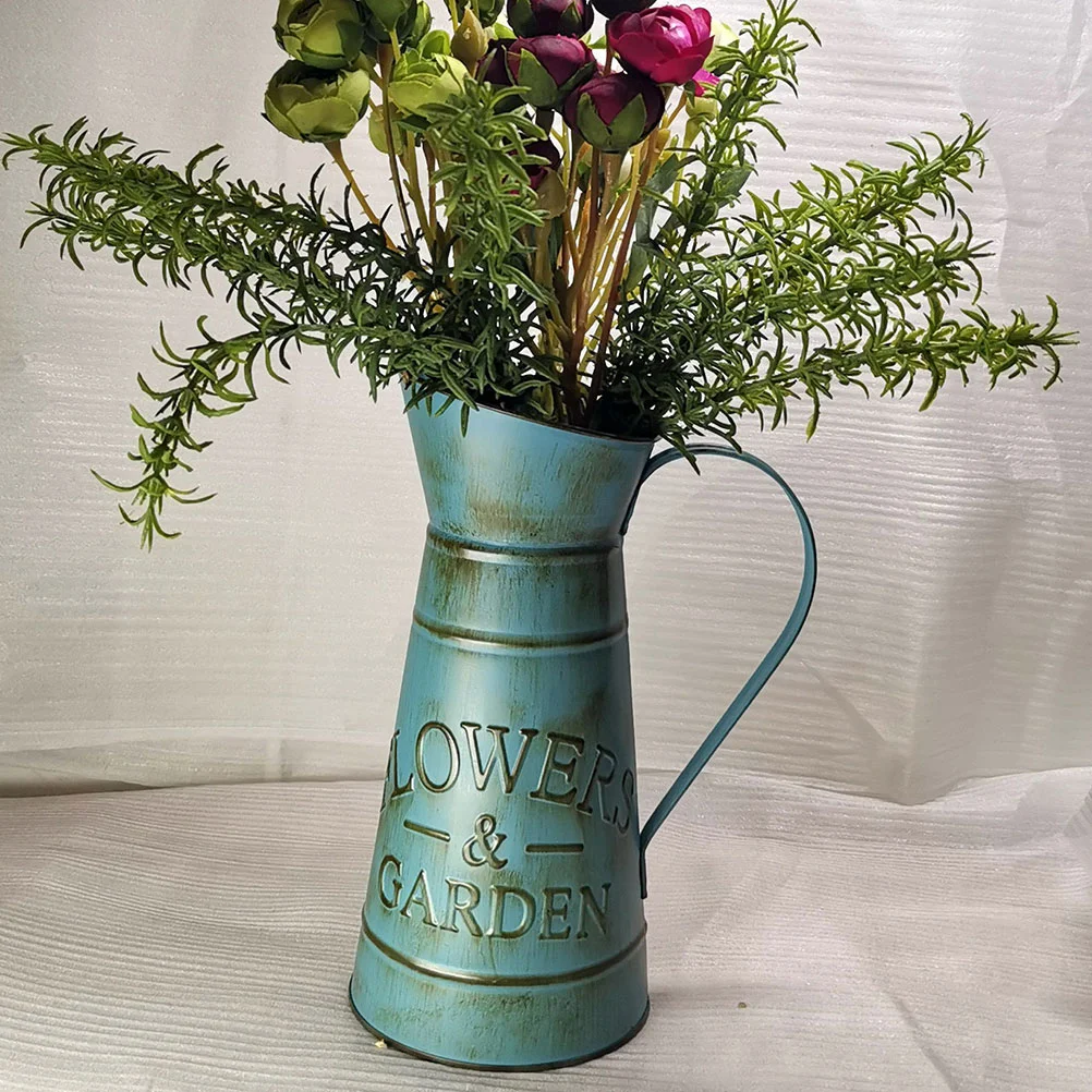 Farmhouse Pitcher Vase Rustic Shabby Chic Jug Handle Metal Watering Can Flower Jug Kettle Vintage Milk Can Retro Flower Bucket