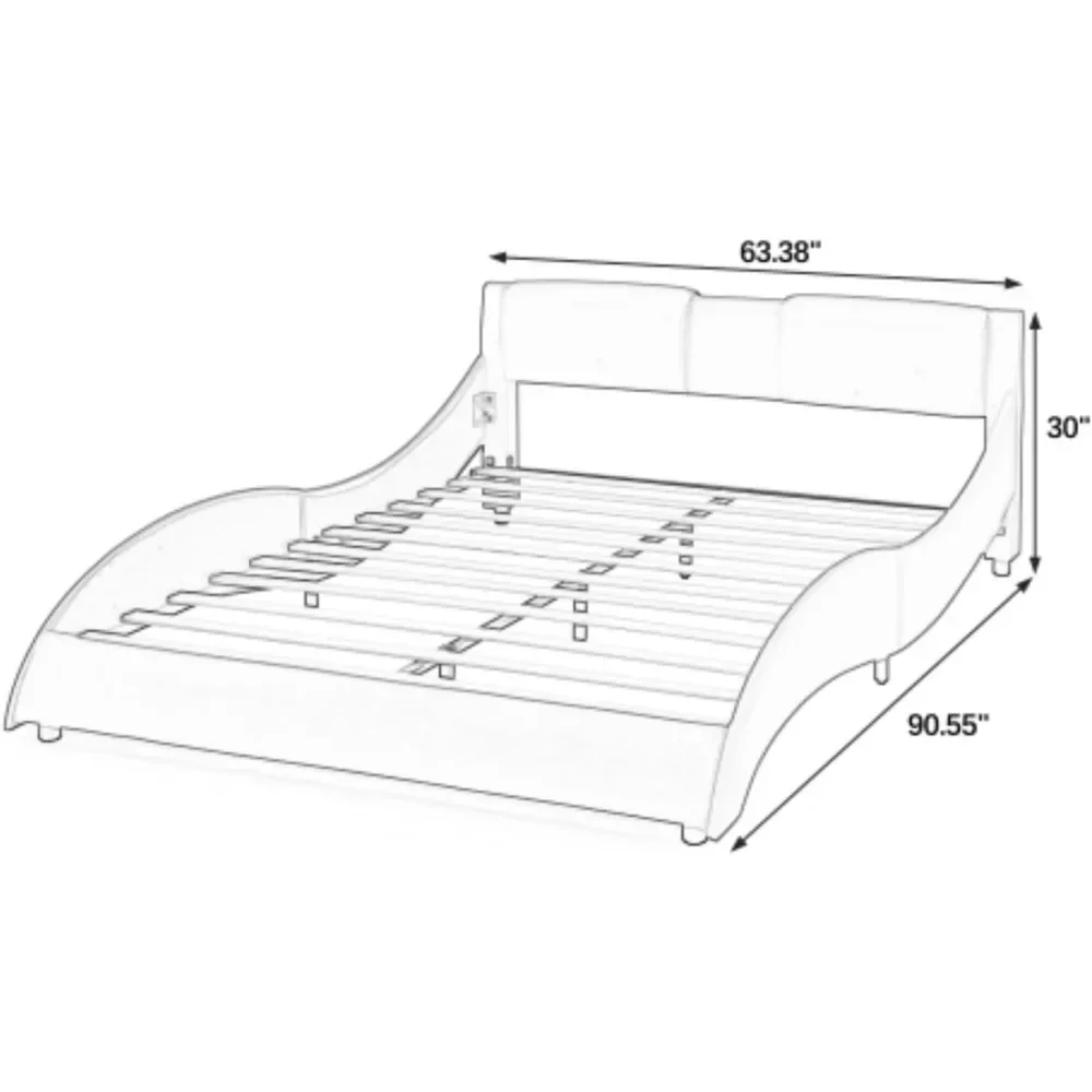 Queen Bed Frame with RGB LED Lights and Headboard Wave Like Curve Bed Frame, Wood Slats Support, Easy Assembly, Led Bed Frame