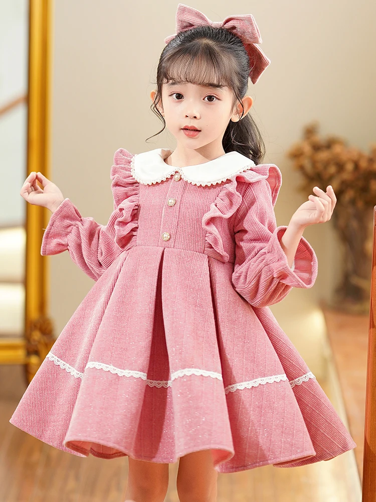 girls-fce-lined-dr-autumn-winter-sle-casual-cake-skirt-children's-faion-princ-gown-long-sve-color