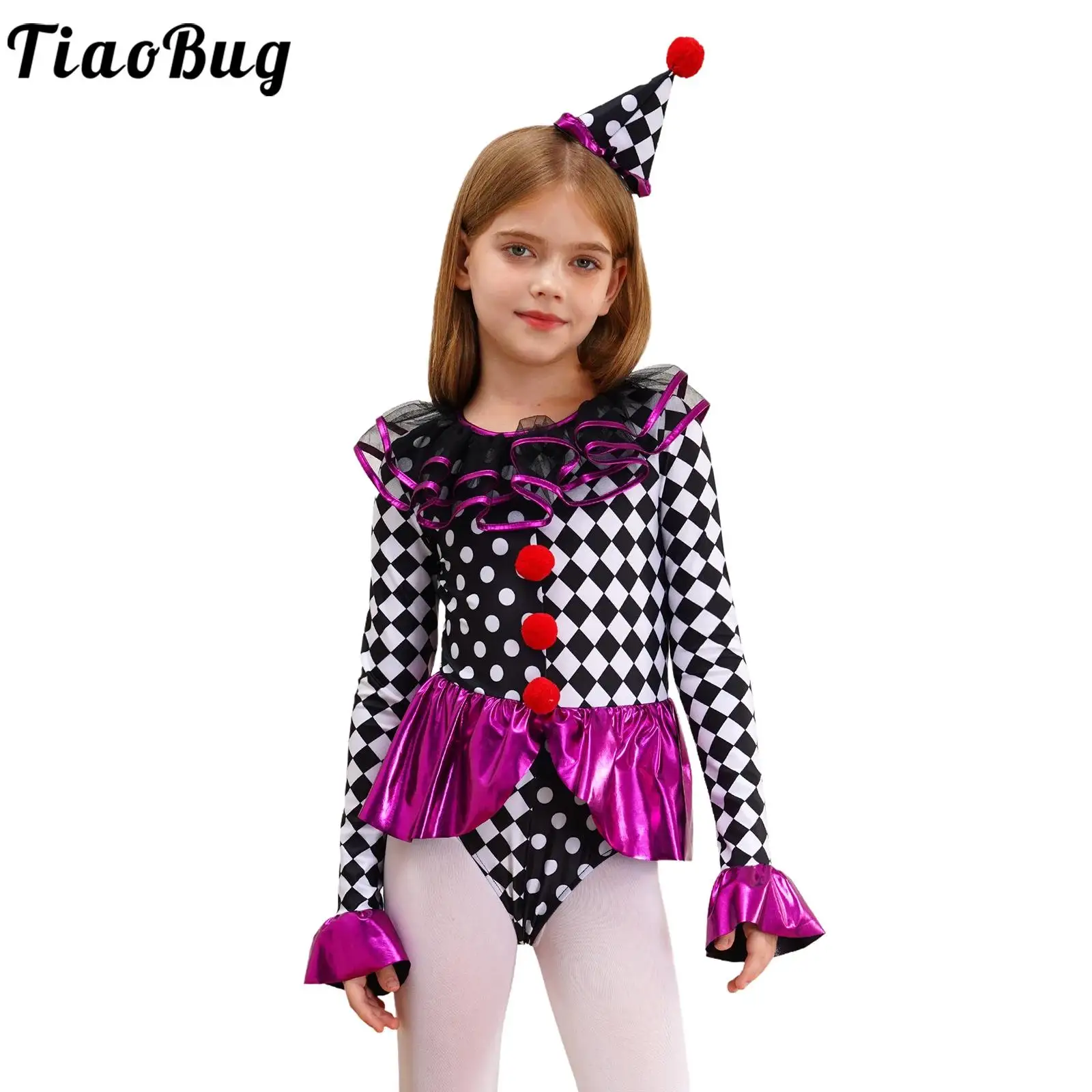 Costume de Clown Lyus Joker pour Enfant Fille, Tenue d'Halloween à Volants Métalliques, Imprimé Damier, Costume de Batterie, Robe de Carnaval