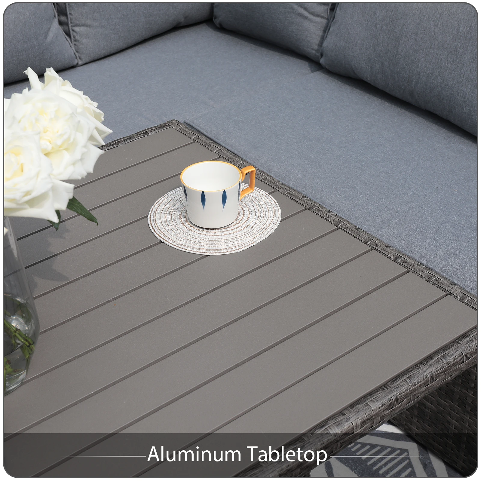 JARDINA 7PCS Outdoor Patio Furniture Sofa Set All Weather Wicker Rattan Couch Dining Table & Chair with Ottoman