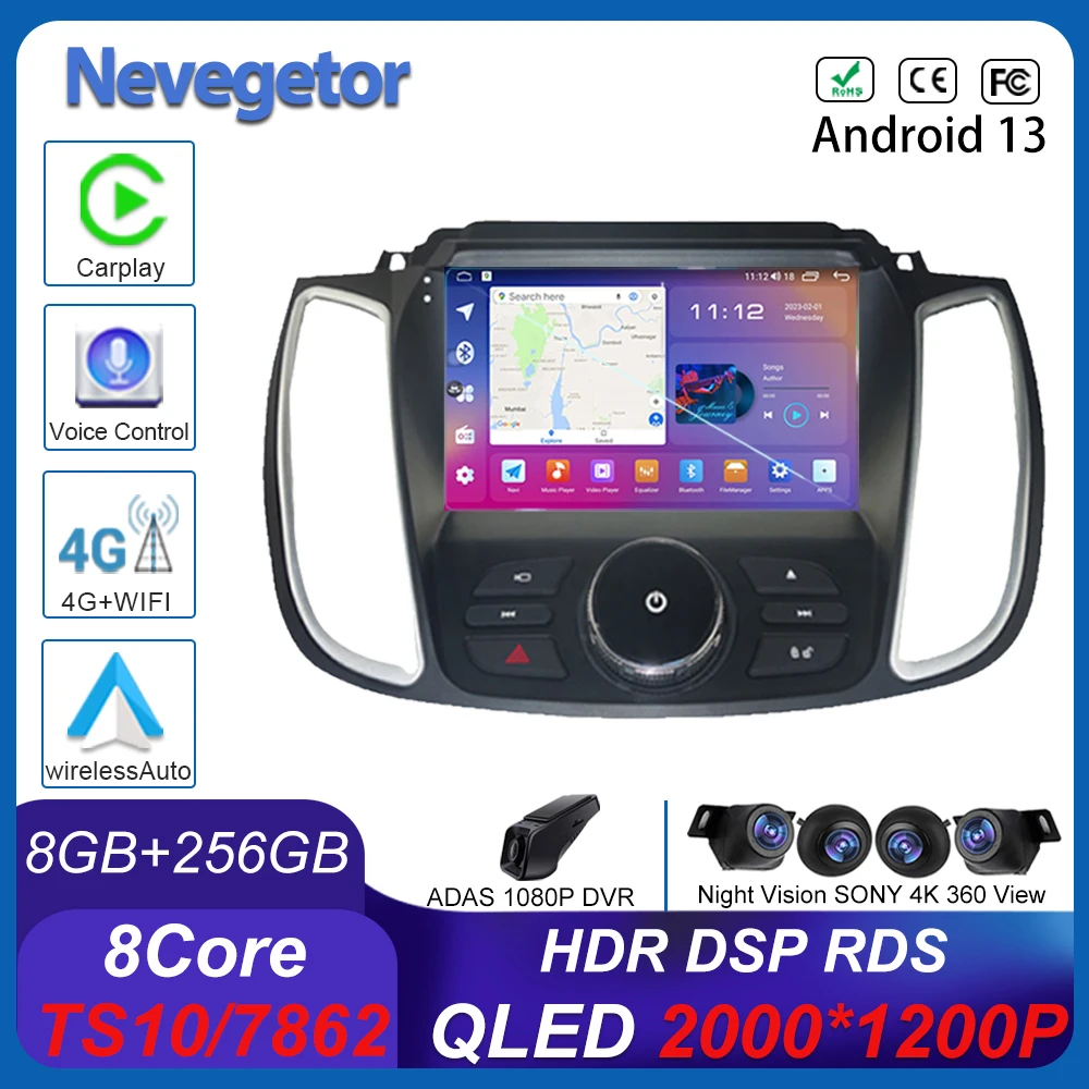 

Android 13.0 For Ford Kuga 2 Escape 3 2012-2019 5G wifi BT No 2din DVD High-performance CPU HDR QLED Screen Wireless Carplay