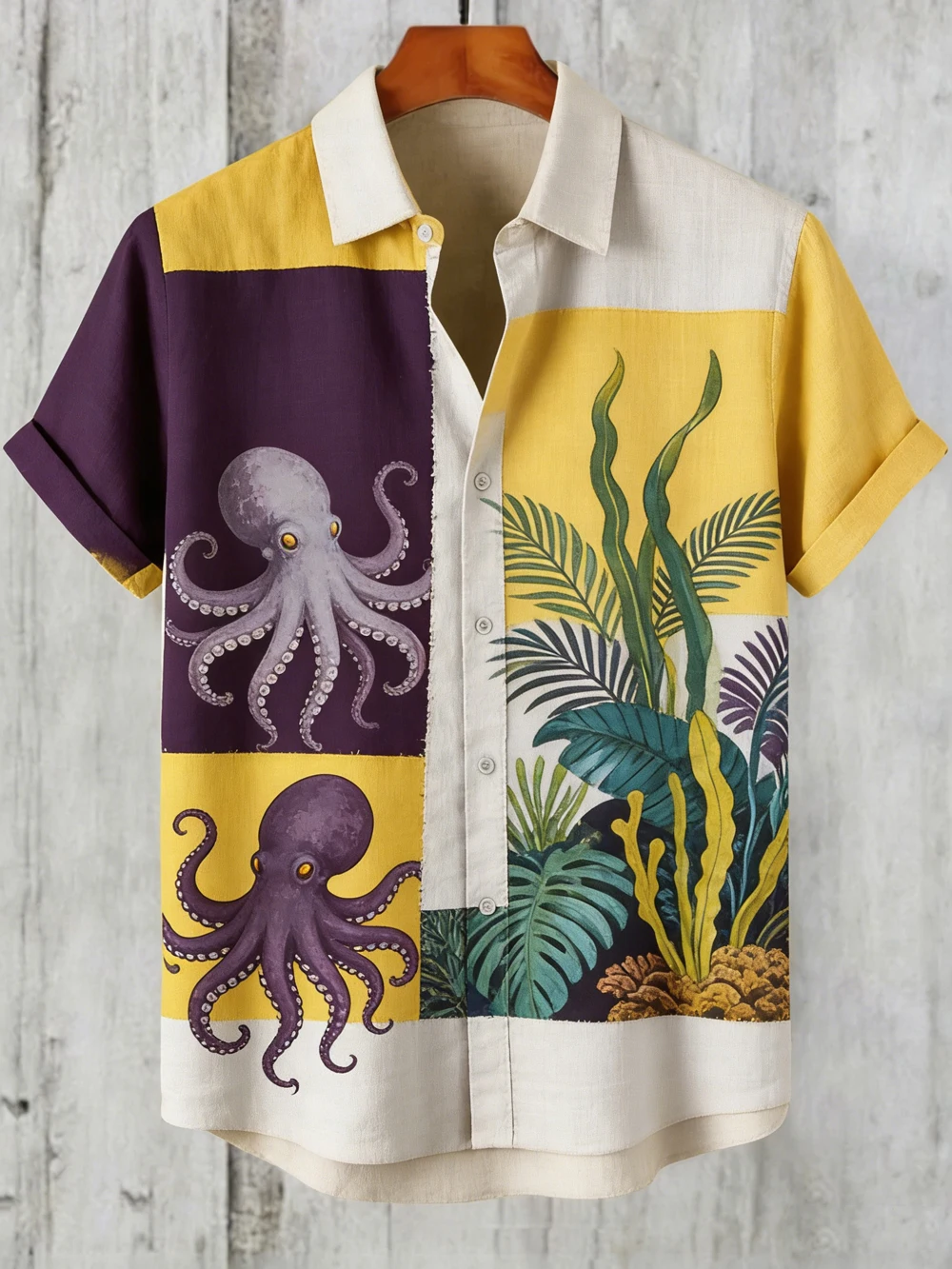 Men's summer new linen short-sleeved shirt blue ocean fun 3D printed shirt outdoor leisure fishing shirt men's fast delivery