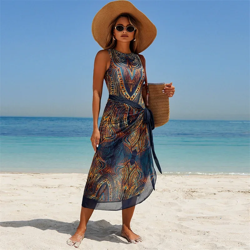 Printed Swimwear One Piece High Neck Swimming Costume Women Swimsuit for Beach Pool Sports Bathing Holidays Padded Ladies