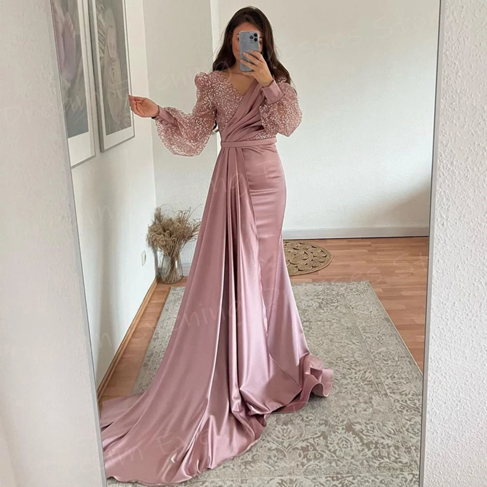 Elegant Pretty Pink Mermaid Beautiful Women's Evening Dresses Generous Long Sleeve Pleated Prom Gowns Formal Party Abiye Elbise