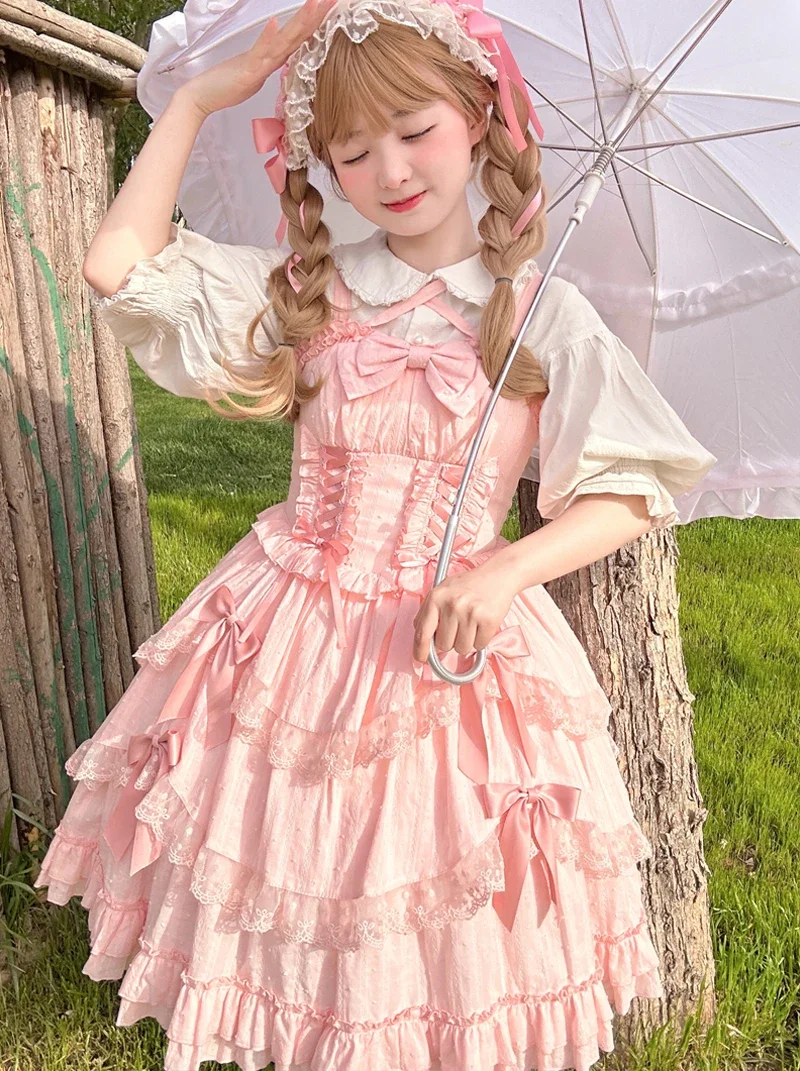 أنيقة الصيف لوليتا فستان JSK فستان بحزام Kawaii Bowknot فتاة لينة الفيكتوري الأميرة الشاي حفلة دمية طفل لوليتا فستان 2025new