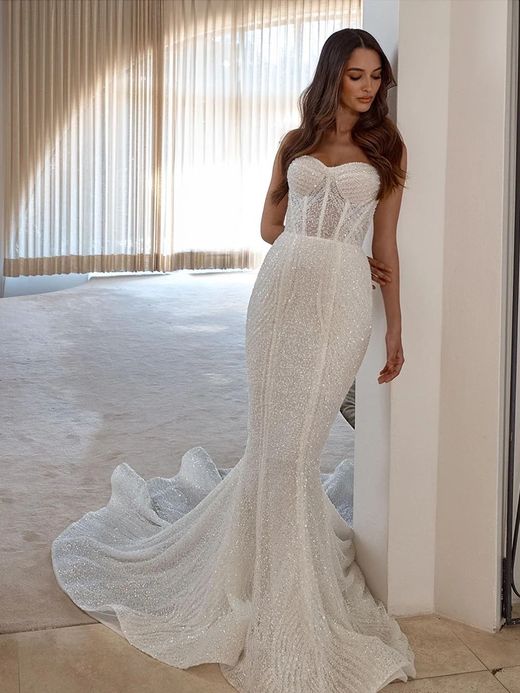 Lussuoso abito da sposa a sirena in pizzo di Tulle con perline abito da ballo senza spalline senza maniche abito da sposa bottone Vestido De Casamento