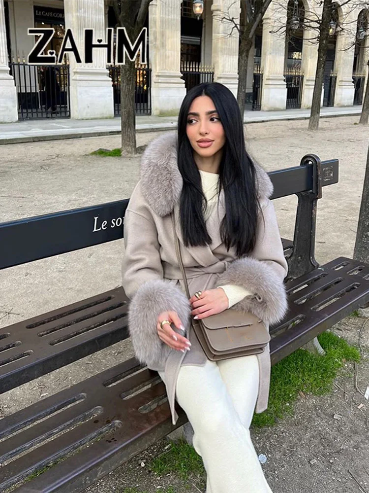 Šedá vlněná bunda z umělé kožešiny s patchworkem pro ženy, volná mikina s kapsou na opasek, dámský kabát, podzim/zima 2025, módní dámská streetwear, nová - náhled 3