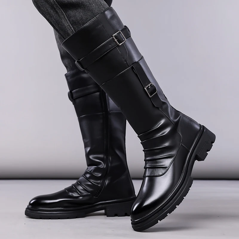 

mens fashion cosplay stage high knight boots black brown designer shoes cowboy genuine leather boot cool long motorcycle botas