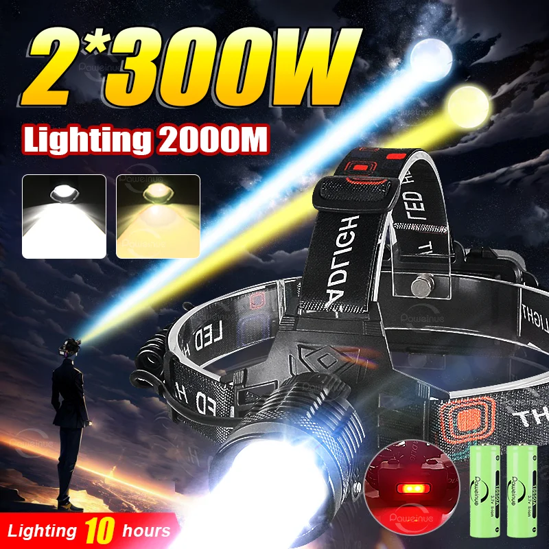 

2*300W Long Range Headlamp LED Rechargeable USB Head Flashlight High Power Strong Light Head Torch Headlight For Fishing Hunting