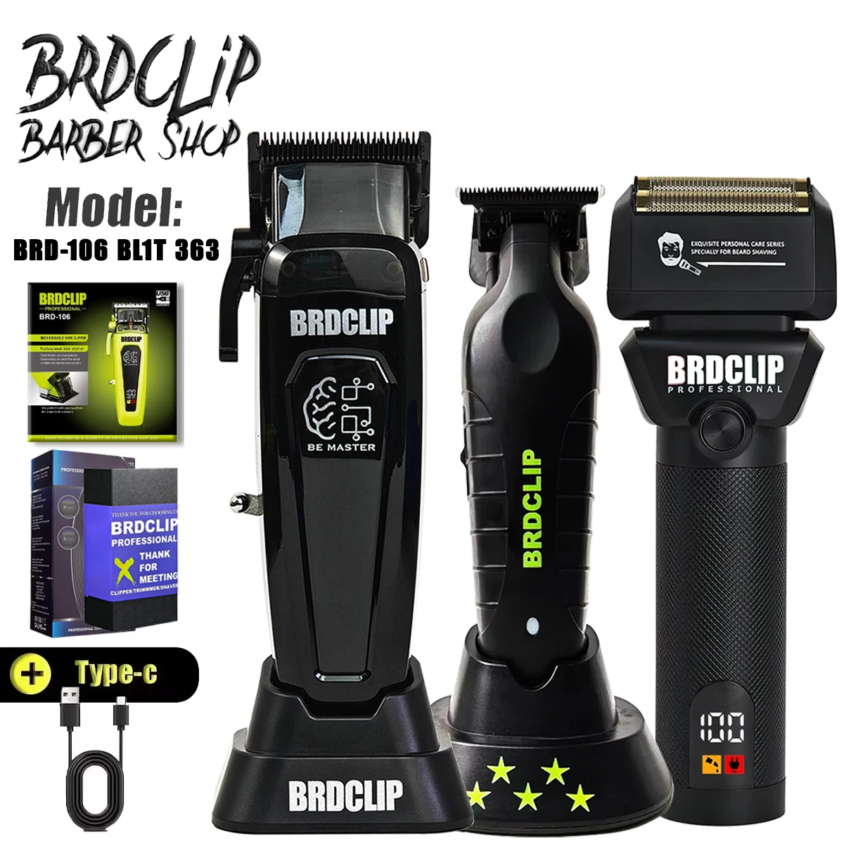 New Professional BRDCLIP BRD-106 BL1T 363 High Motor Hair Clipper Electric Cordless Trimmer DLC Blade with Charging Base Shaver