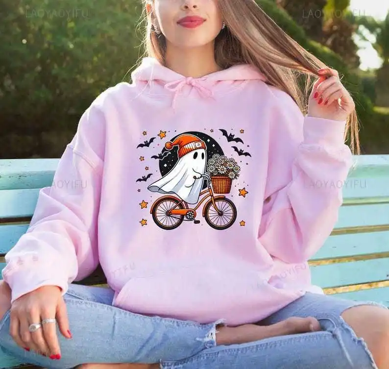 Floral Boo Hoodie Ghost Riding Bike Hoodies Halloween Gift for Rider Biker Ghost Biking Sweat Ghost Man Woman Halloween Hooded