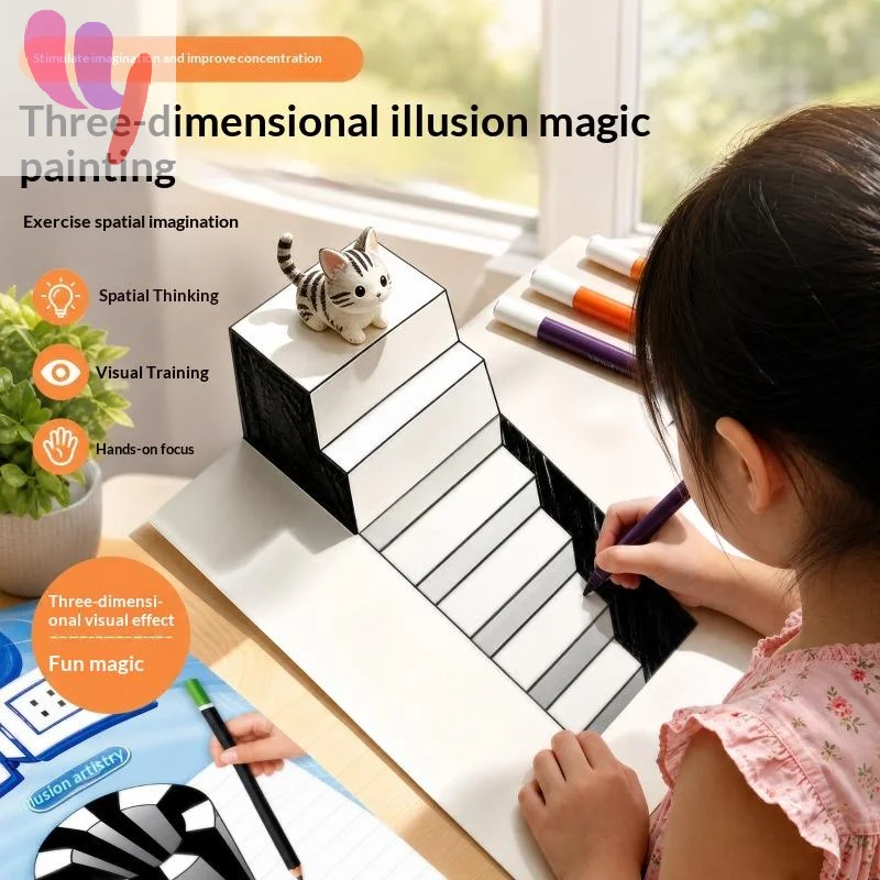 Hot Magic 3D Optical Illusion Kids 3D Visual Trick Sketch Practice Copybook Children Art Hand‑Drawing Training Workbook Creative