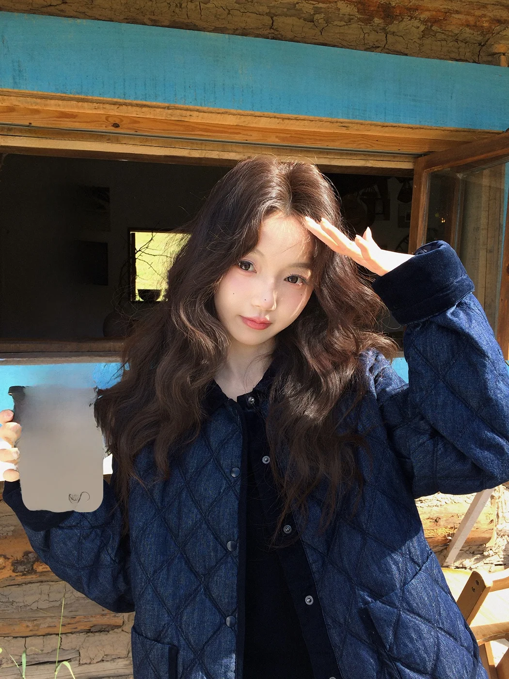 

Ibell Zhang Beibei Cotton Duck down Quilted Denim Women's Jacket Warm Slimming Outerwear Korean Style Long Sleeve Coat