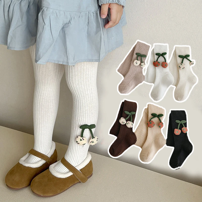 Korean Girls Tights Baby Pantyhose Cute Cherry Knitted Pant Sock Spring Autumn Pure Cotton Kids Leggings Trendy Children Clothes