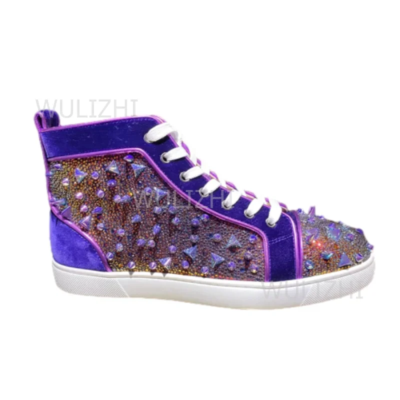 Dark Purple Crystal Rivet Men Sneakers Flat Lace-Up Red Sole Ankle Sports Bling Suede Running Loafers Summer Couple Tennis Shoes view 6