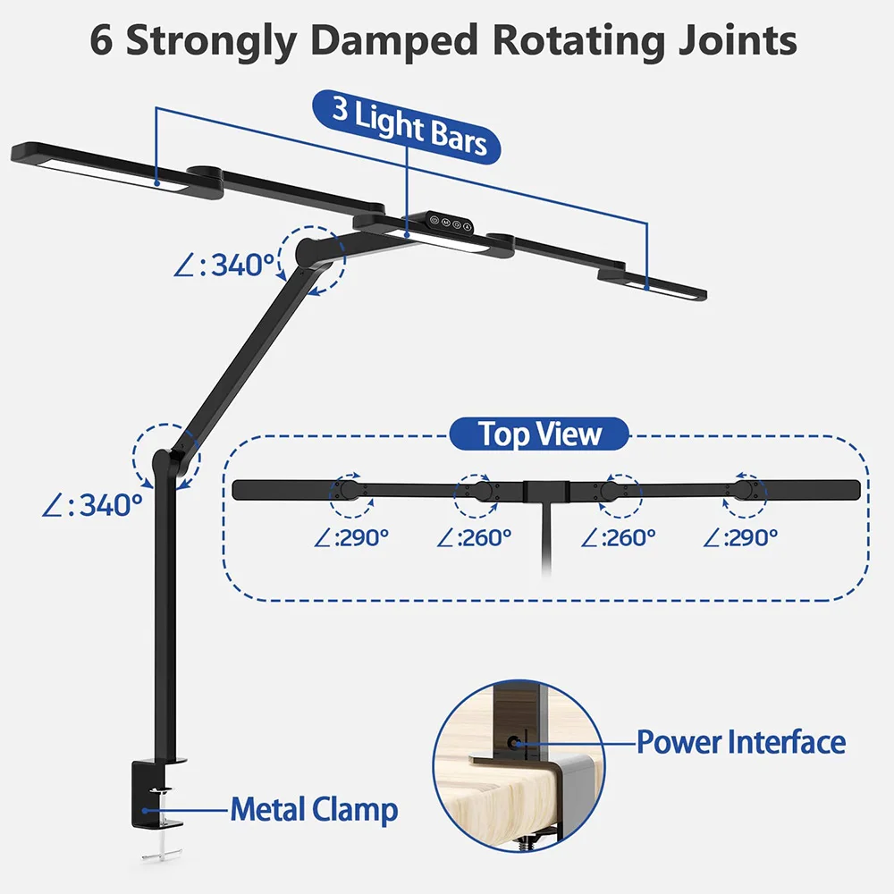 24W Double Head LED Desk Lamp Clip-on Swing Arm L-Shaped Architect Table Lamp Dimmable Transformable Reading Computer Light