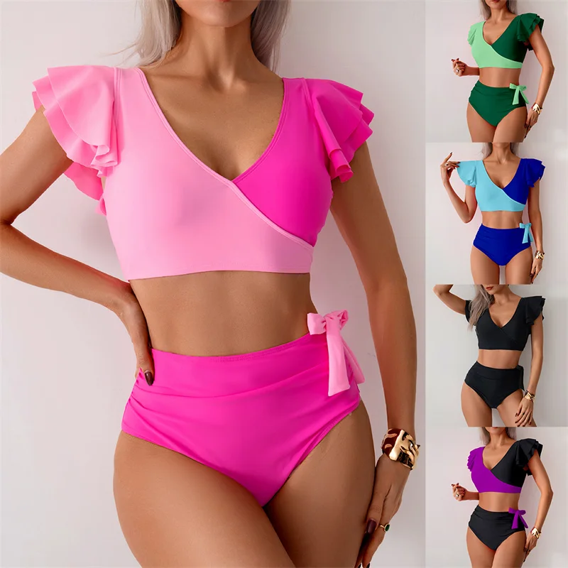 New Summer Women's Bikini Set Swimsuit High Waisted V Neck Ruffled Swimwear Woman Two Piece Tie Side Bathing Suits Beachwear