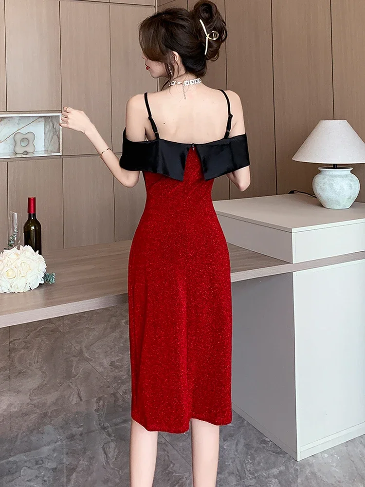 Red Patchwork Black Bow Chic Gala Dresses Woman Summer Elegant Bodycon Sling Sexy Dress 2024 Korean Luxury Party Evening Dresses