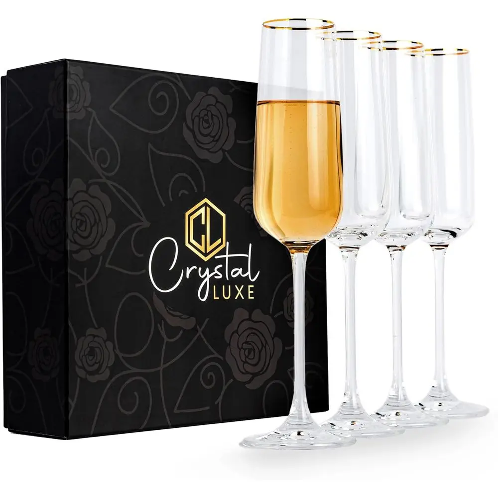 

Набор из 4 бокалов для шампанского, ручной работы из хрустального стекла, идеально подходят для мимозы, подарков, свадеб, юбилеев, дней рождения