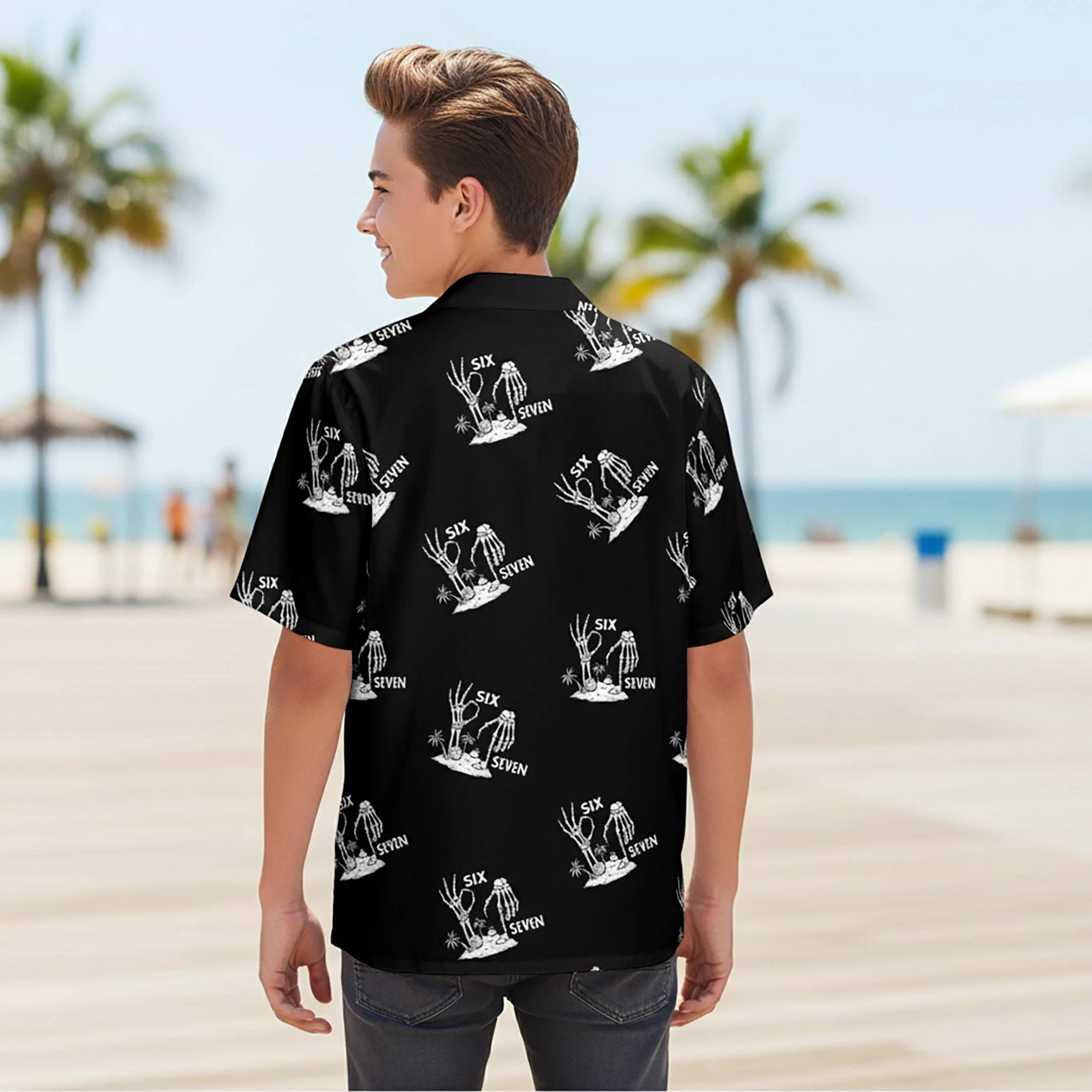 

2026 6 7 Skeleton Hand Hawaiian Shirt Men Women Black White Minimalist Print Unique 67 Meme Gift Idea Soft Comfort Button Up
